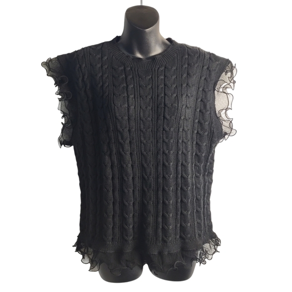 BiBi Sweaters - Bibi Sweater Vest Black Cable Knit Layered Chiffon Trimmed Size XL NWT